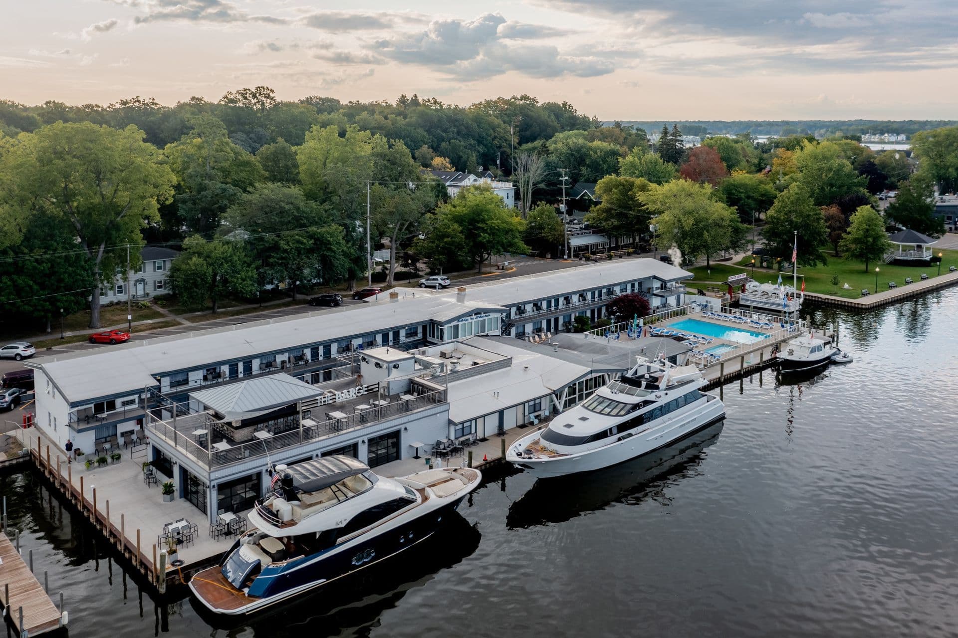 Aerial view of Ship-n-Shore Hotel on the Kalamazoo River in Saugatuck, Michigan