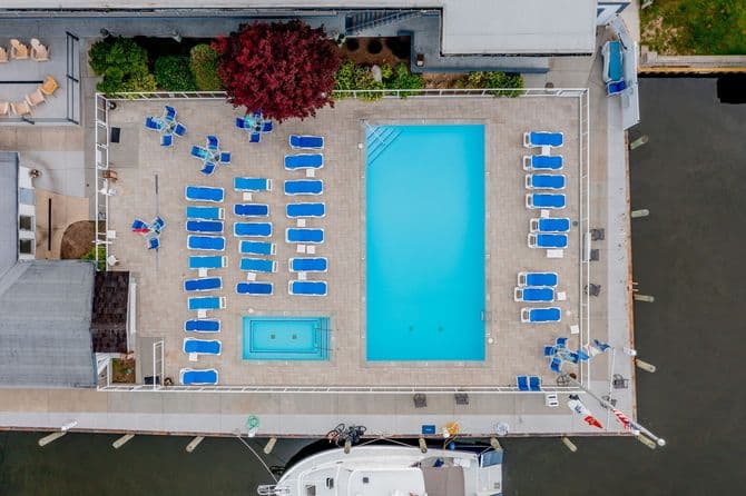 Overhead view of the Ship-n-Shore Hotel pool beside the Kalamazoo River
